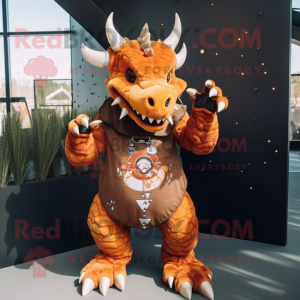 Rust Triceratops mascot costume character dressed with a Flare Jeans and Bracelets