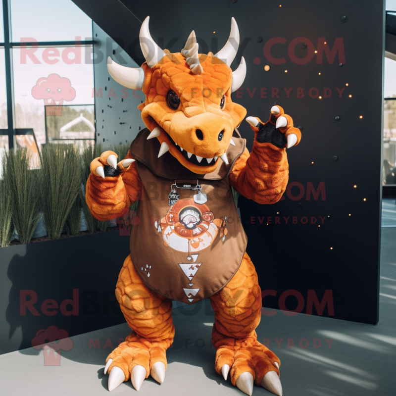 Rust Triceratops mascot costume character dressed with a Flare Jeans and Bracelets Rust Triceratops mascot costume character dressed with a Flare Jeans and Bracelets
