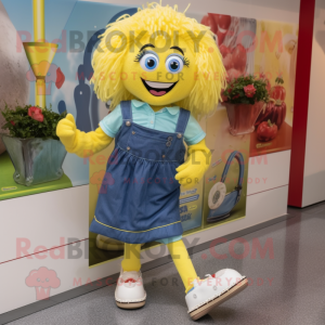 Yellow Irish Dancing Shoes mascot costume character dressed with a Chambray Shirt and Clutch bags
