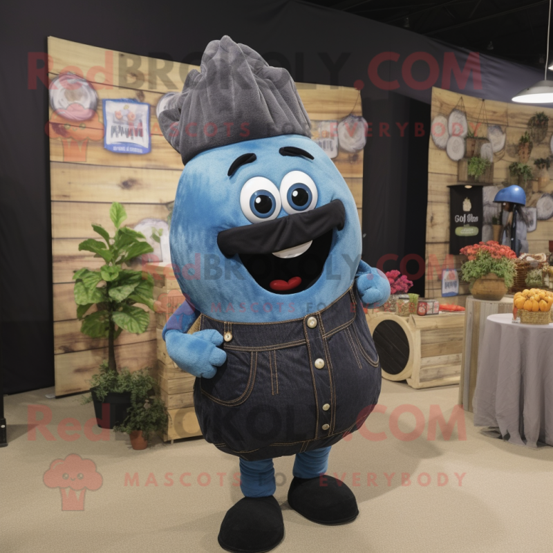 Black Onion mascot costume character dressed with a Denim Shirt and Earrings