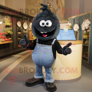 Black Onion mascot costume character dressed with a Denim Shirt and Earrings