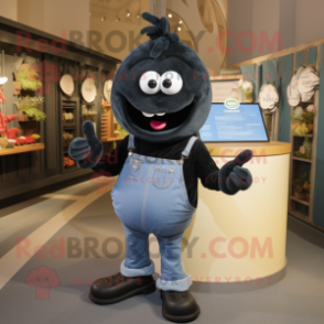 Black Onion mascot costume character dressed with a Denim Shirt and Earrings