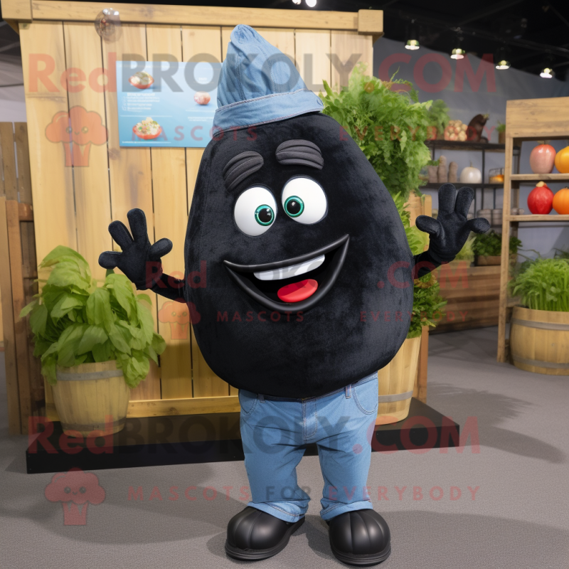 Black Onion mascot costume character dressed with a Denim Shirt and Earrings Black Onion mascot costume character dressed with a Denim Shirt and Earrings