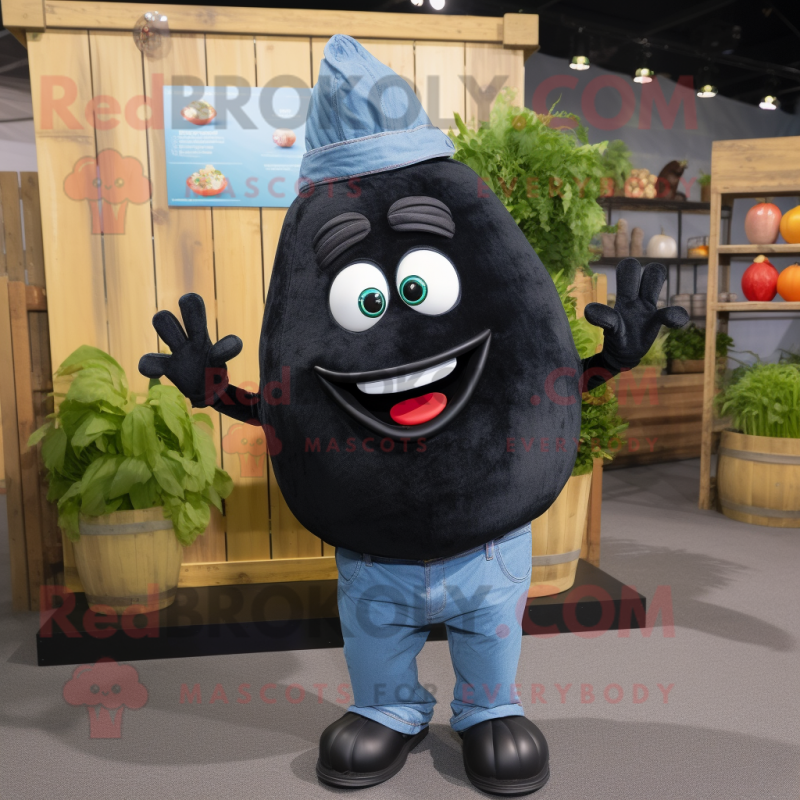 Black Onion mascot costume character dressed with a Denim Shirt and Earrings