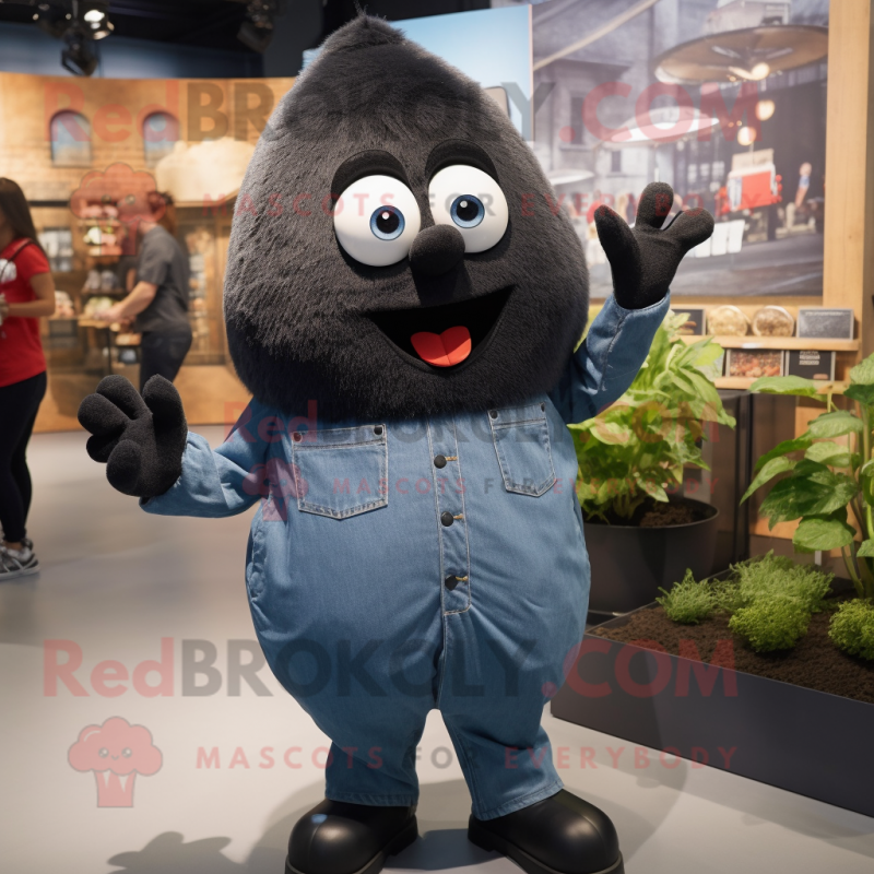 Black Onion mascot costume character dressed with a Denim Shirt and Earrings