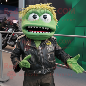 Green Cod mascot costume character dressed with a Moto Jacket and Hair clips