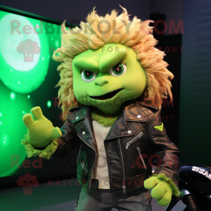 Green Cod mascot costume character dressed with a Moto Jacket and Hair clips