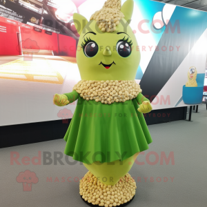 Olive Pop Corn mascot costume character dressed with a Mini Skirt and Rings