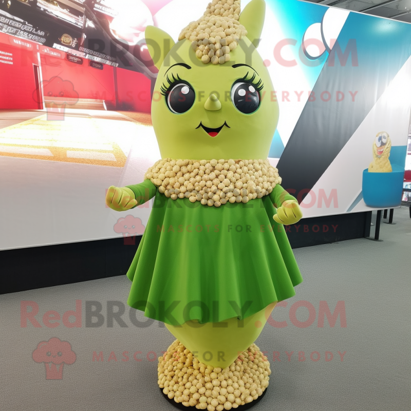 Olive Pop Corn mascot costume character dressed with a Mini Skirt and Rings Olive Pop Corn mascot costume character dressed with a Mini Skirt and Rings