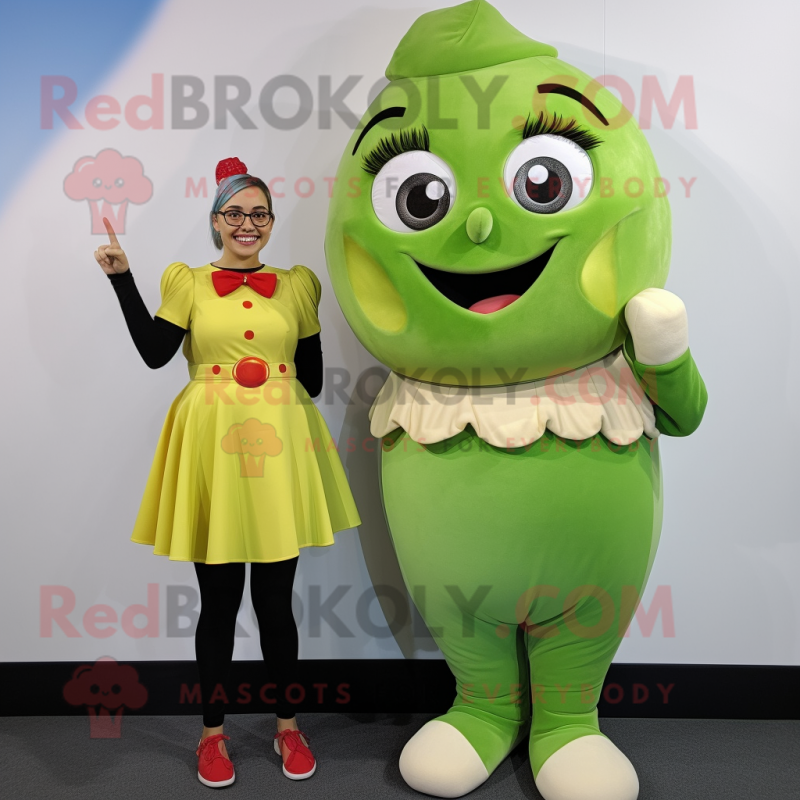 Olive Pop Corn mascot costume character dressed with a Mini Skirt and Rings Olive Pop Corn mascot costume character dressed with a Mini Skirt and Rings