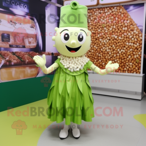Olive Pop Corn mascot costume character dressed with a Mini Skirt and Rings