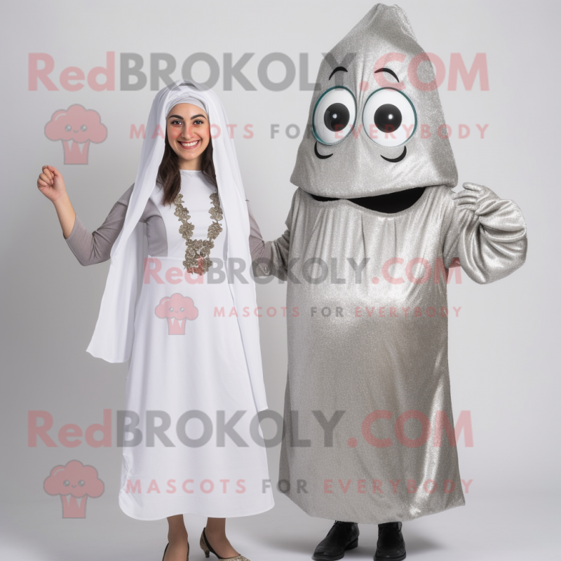 Silver Falafel mascot costume character dressed with a Shift Dress and Earrings