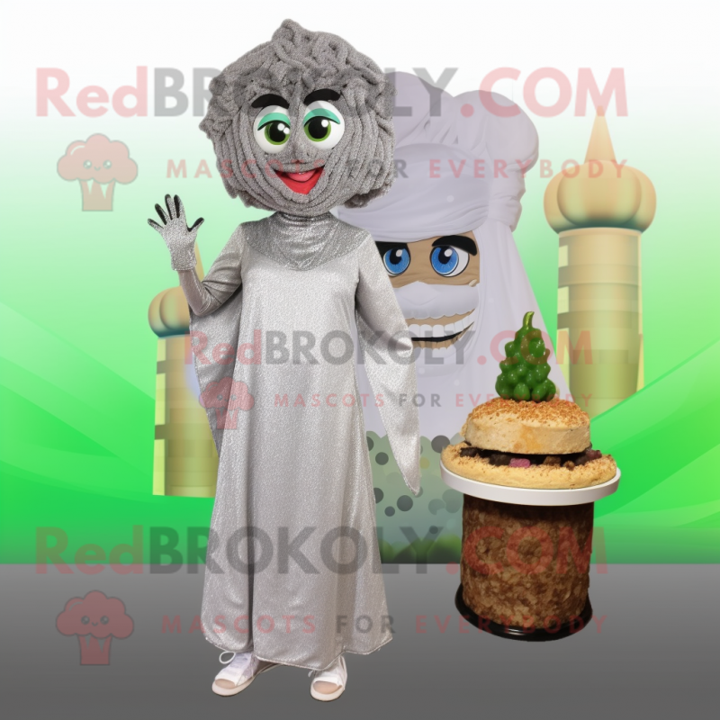 Silver Falafel mascot costume character dressed with a Shift Dress and Earrings Silver Falafel mascot costume character dressed with a Shift Dress and Earrings