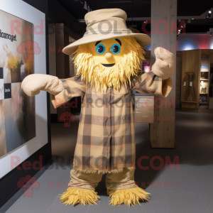 Gold Scarecrow mascot costume character dressed with a Flannel Shirt and Hat pins