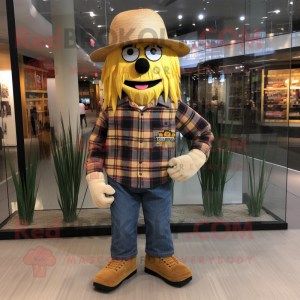 Gold Scarecrow mascot costume character dressed with a Flannel Shirt and Hat pins