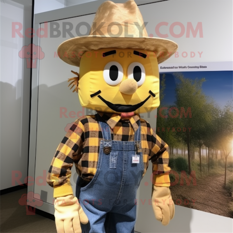 Gold Scarecrow mascot costume character dressed with a Flannel Shirt and Hat pins Gold Scarecrow mascot costume character dressed with a Flannel Shirt and Hat pins