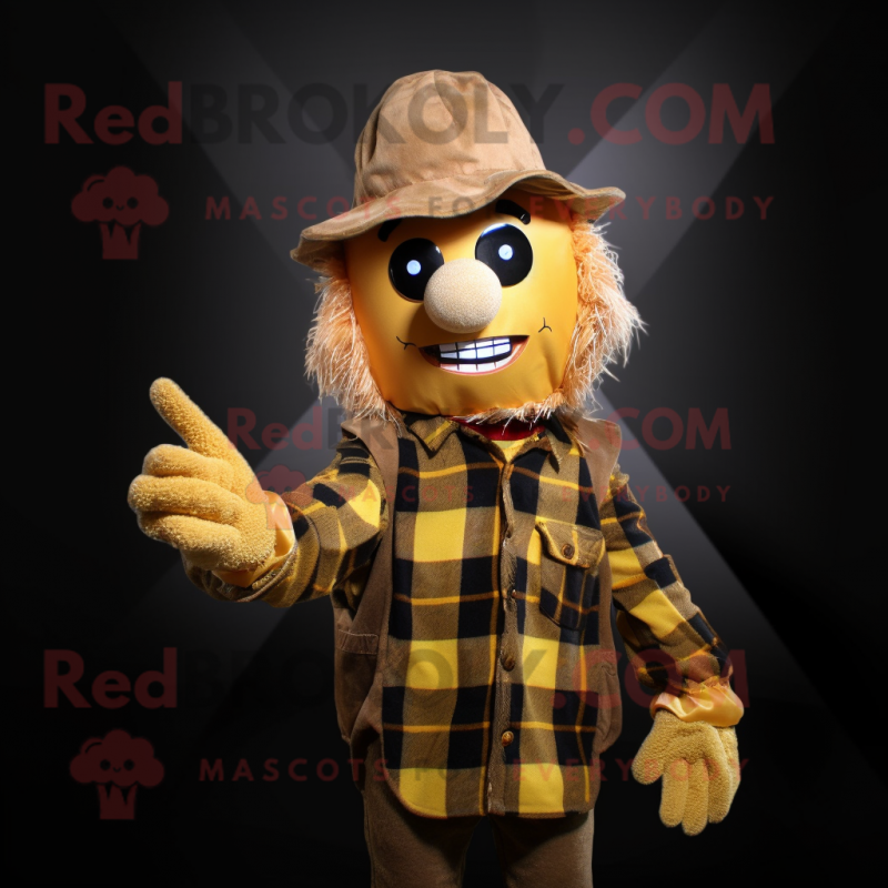 Gold Scarecrow mascot costume character dressed with a Flannel Shirt and Hat pins