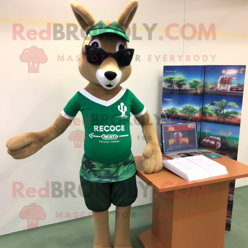 Forest Green Roe Deer mascot costume character dressed with a Board Shorts and Reading glasses