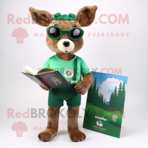 Forest Green Roe Deer mascot costume character dressed with a Board Shorts and Reading glasses