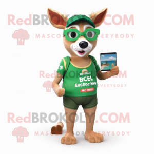 Forest Green Roe Deer mascot costume character dressed with a Board Shorts and Reading glasses