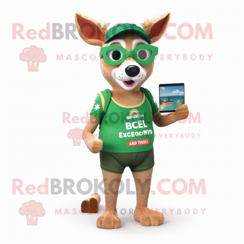 Forest Green Roe Deer mascot costume character dressed with a Board Shorts and Reading glasses Forest Green Roe Deer mascot costume character dressed with a Board Shorts and Reading glasses