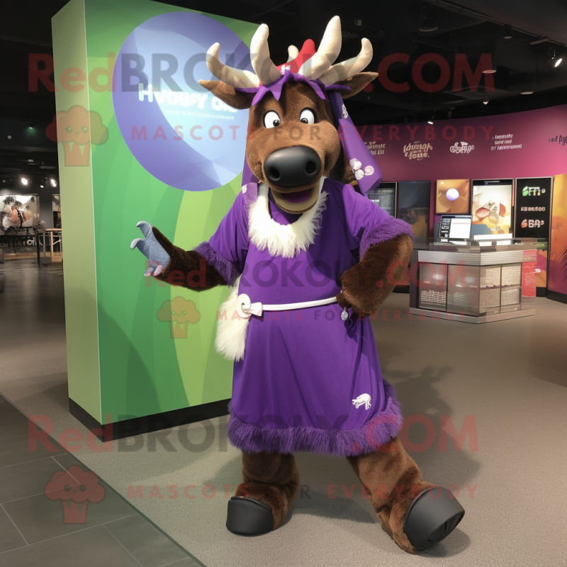 Purple Moose mascot costume character dressed with a Maxi Skirt and Bracelet watches Purple Moose mascot costume character dressed with a Maxi Skirt and Bracelet watches