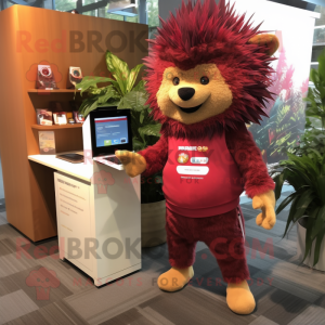 Maroon Porcupine mascot costume character dressed with a Jumpsuit and Wallets