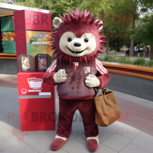 Maroon Porcupine mascot costume character dressed with a Jumpsuit and Wallets
