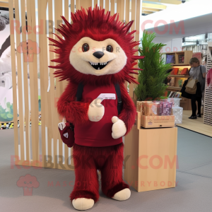 Maroon Porcupine mascot costume character dressed with a Jumpsuit and Wallets
