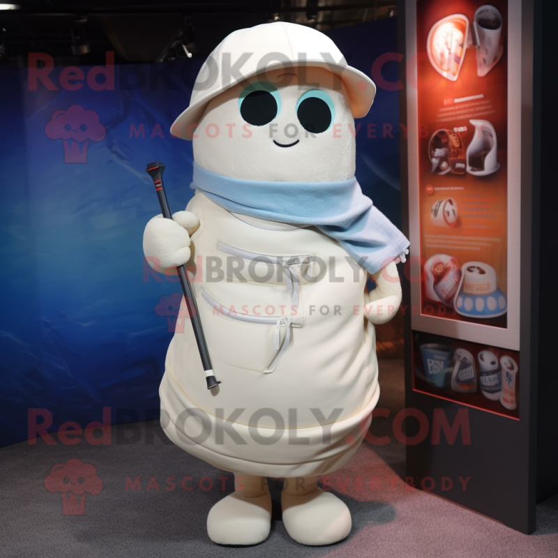 Cream Golf Bag mascot costume character dressed with a Jeans and Shawl pins Cream Golf Bag mascot costume character dressed with a Jeans and Shawl pins