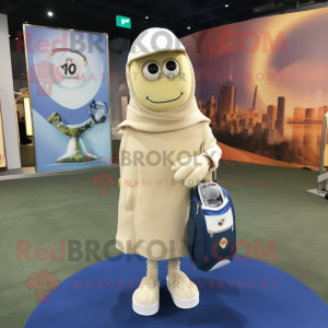 Cream Golf Bag mascot costume character dressed with a Jeans and Shawl pins