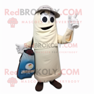Cream Golf Bag mascot costume character dressed with a Jeans and Shawl pins