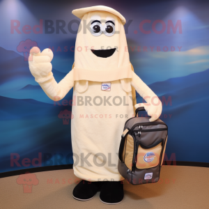 Cream Golf Bag mascot costume character dressed with a Jeans and Shawl pins