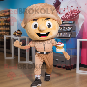 Tan Cupcake mascot costume character dressed with a Joggers and Caps