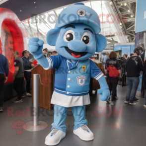 Sky Blue Guinness mascot costume character dressed with a Jeans and Caps