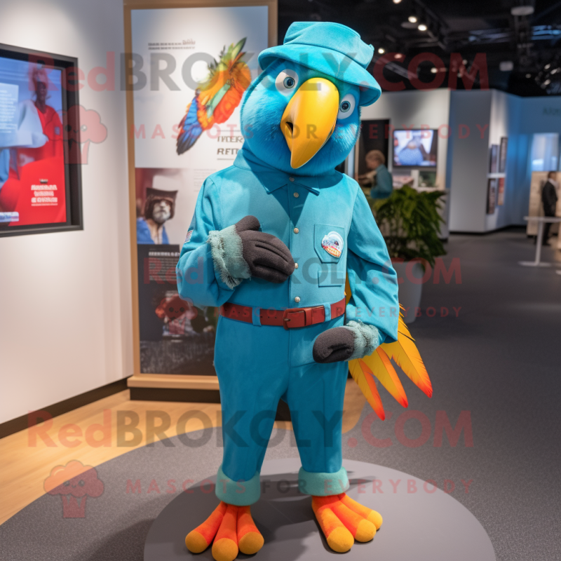 Teal Macaw mascot costume character dressed with a Trousers and Beanies