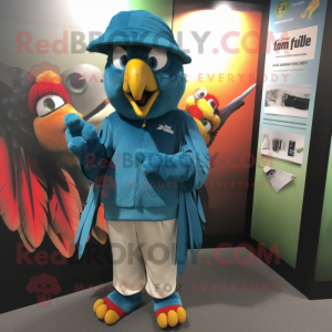 Teal Macaw mascot costume character dressed with a Trousers and Beanies