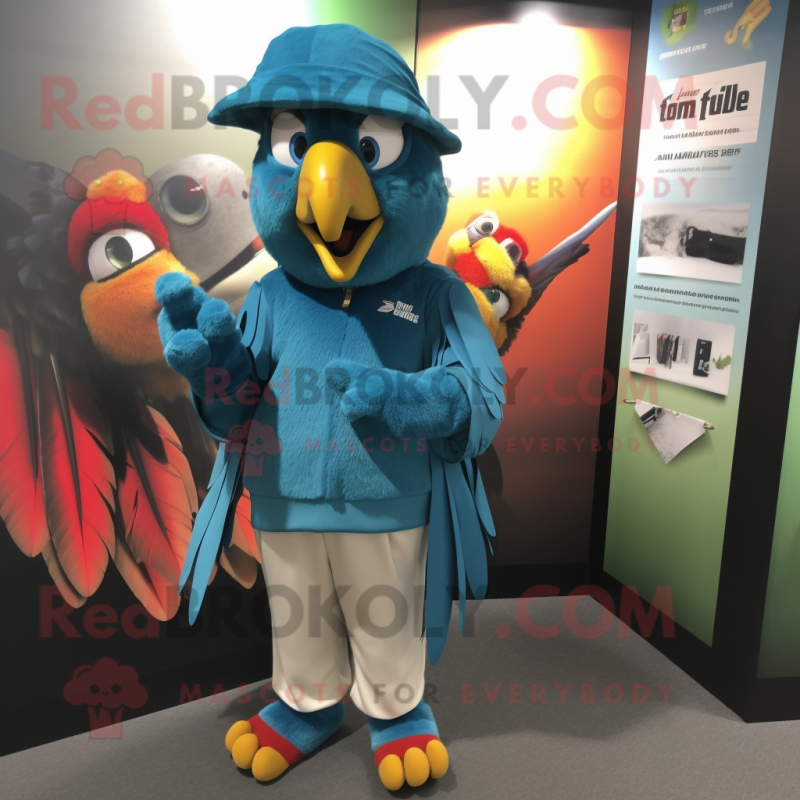 Teal Macaw mascot costume character dressed with a Trousers and Beanies Teal Macaw mascot costume character dressed with a Trousers and Beanies