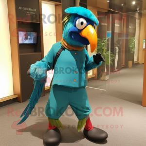 Teal Macaw mascot costume character dressed with a Trousers and Beanies