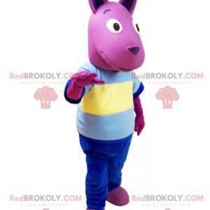Mascote canguru rosa com uma roupa colorida - Redbrokoly.com