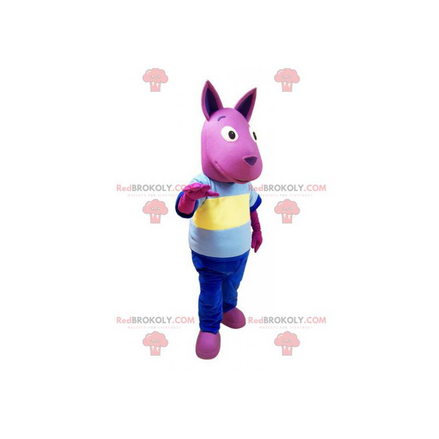 Mascotte de kangourou rose avec une tenue colorée -