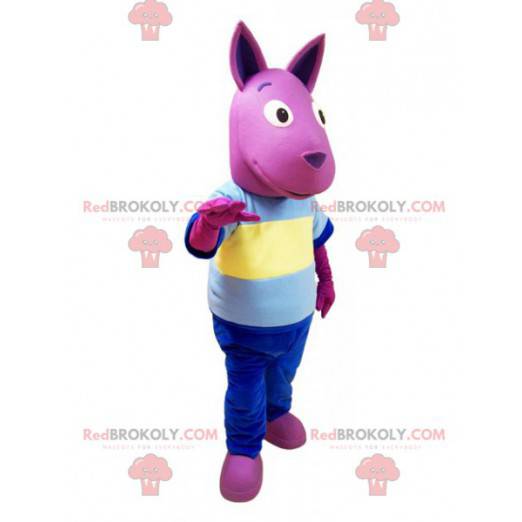 Mascote canguru rosa com uma roupa colorida - Redbrokoly.com