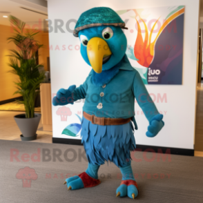 Teal Macaw mascot costume character dressed with a Trousers and Beanies