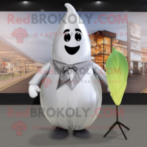 Silver Pear mascot costume character dressed with a Sheath Dress and Ties