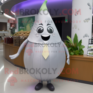 Silver Pear mascot costume character dressed with a Sheath Dress and Ties