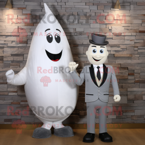 Silver Pear mascot costume character dressed with a Sheath Dress and Ties