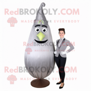 Silver Pear mascot costume character dressed with a Sheath Dress and Ties