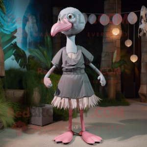 Gray Flamingo mascot costume character dressed with a Midi Dress and Suspenders