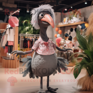 Gray Flamingo mascot costume character dressed with a Midi Dress and Suspenders