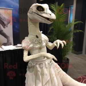White Velociraptor mascot costume character dressed with a Empire Waist Dress and Headbands
